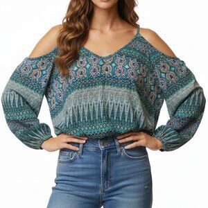 Womens Blue Cold Shoulder Top Floral Boho Geometric Chic Blouse Relaxed Summer M